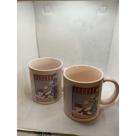Two Otagiri/Japan Ceramic Cat Print Coffee Mugs By Curie-Swann - Picture 1 of 10